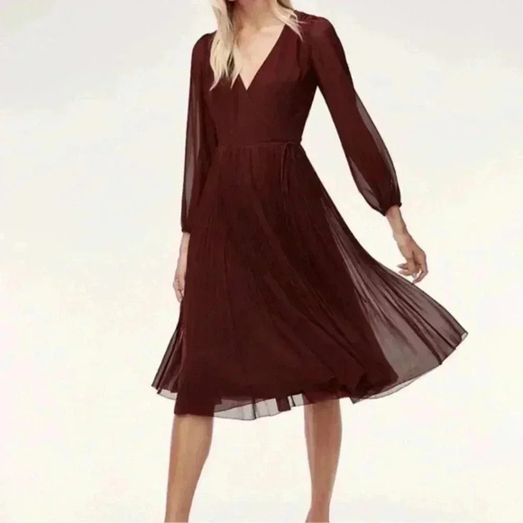 Wilfred Dresses & Skirts - Aritzia Wilfred Beaune Dress Burgundy Polyester Pleated Midi Wrap‎ Dress XS